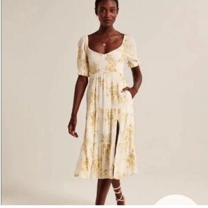Floral Puff-Sleeve Midi Dress in Cream and Yellow